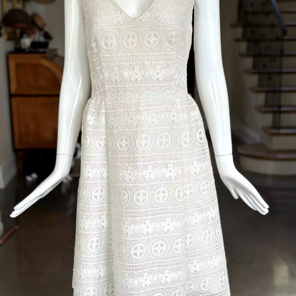 RED Valentino White Sleeveless V-Neck Midi Dress crochet lace Boho chic
